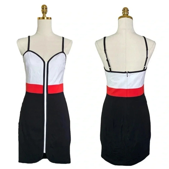 BEBE | Black/White/RedColor Blocked Bodycon Corset Mini Cocktail Dress Size M - Picture 5 of 10